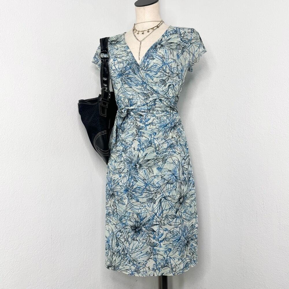 Y2K 00s Mesh Faux Wrap Dress Blue Floral V-Neck Sweet Pea Large Resort Vacation